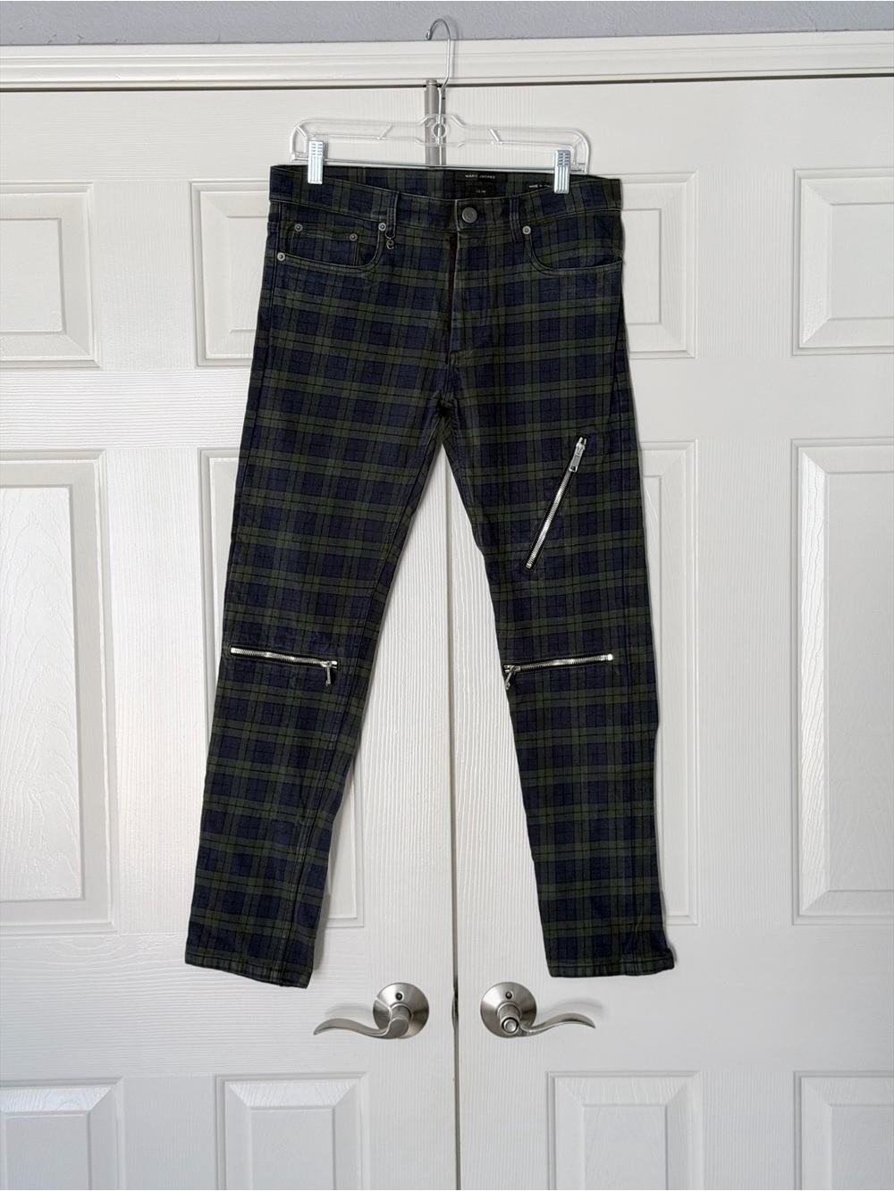 Marc Jacobs Men's Dark Green and Blue Plaid Slim Pants with Zippers